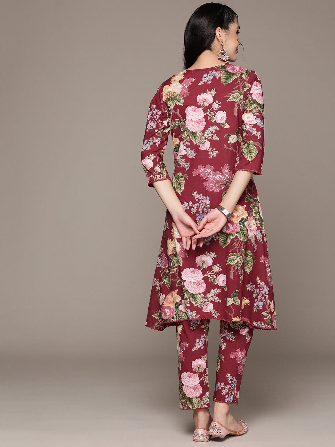 Straight Style Cotton Fabric Burgundy Color Kurta With Bottom