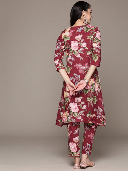 Straight Style Cotton Fabric Burgundy Color Kurta With Bottom
