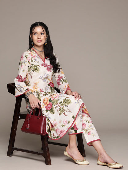 A Line Style Cotton Fabric Off White Color Kurta With Bottom