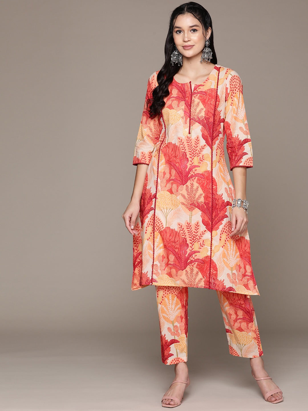 Straight Style Cotton Fabric Orange Color Kurta With Bottom