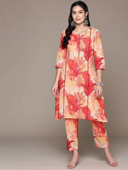 Straight Style Cotton Fabric Orange Color Kurta With Bottom