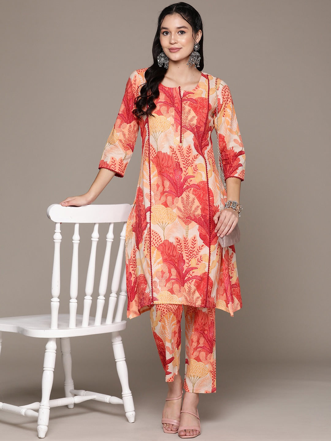 Straight Style Cotton Fabric Orange Color Kurta With Bottom