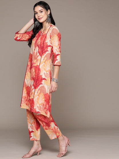 Straight Style Cotton Fabric Orange Color Kurta With Bottom