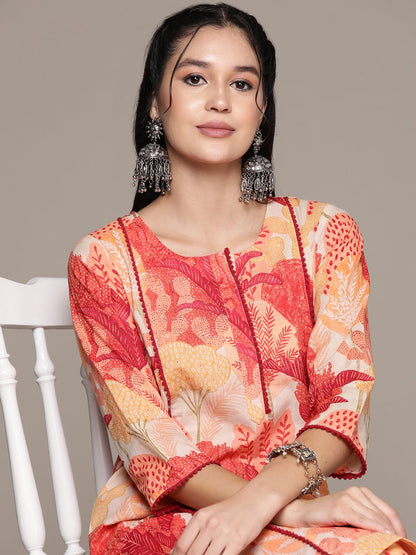 Straight Style Cotton Fabric Orange Color Kurta With Bottom
