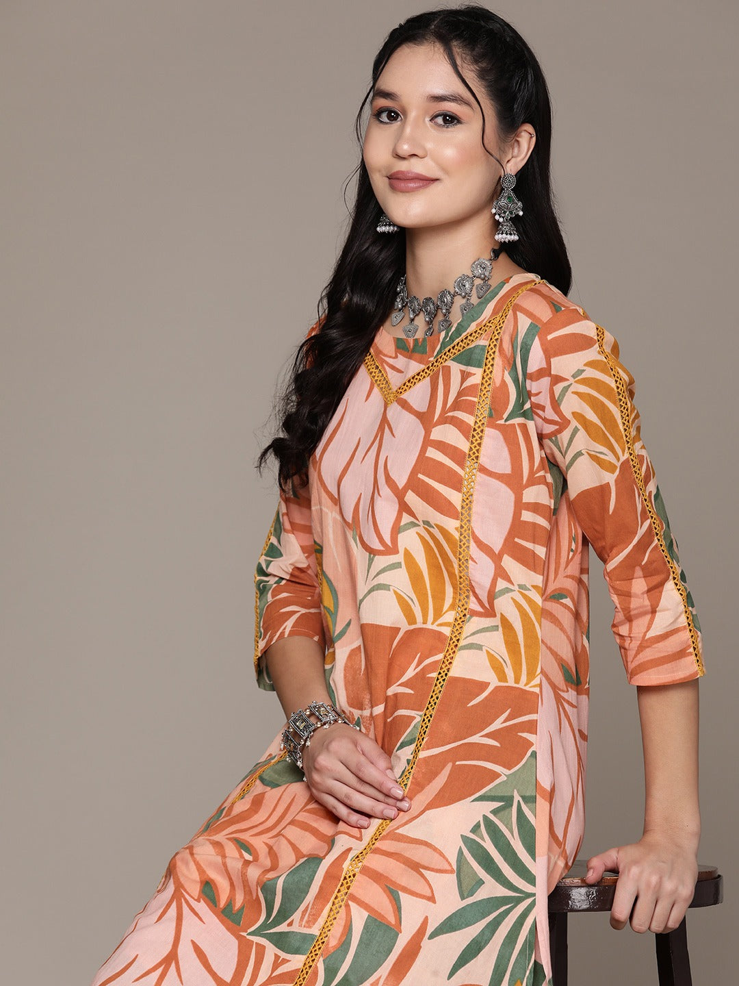 A Line Style Cotton Fabric Brown Color Kurta With Bottom