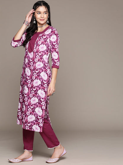 Straight Style Cotton Fabric Violet Color Kurta With Bottom