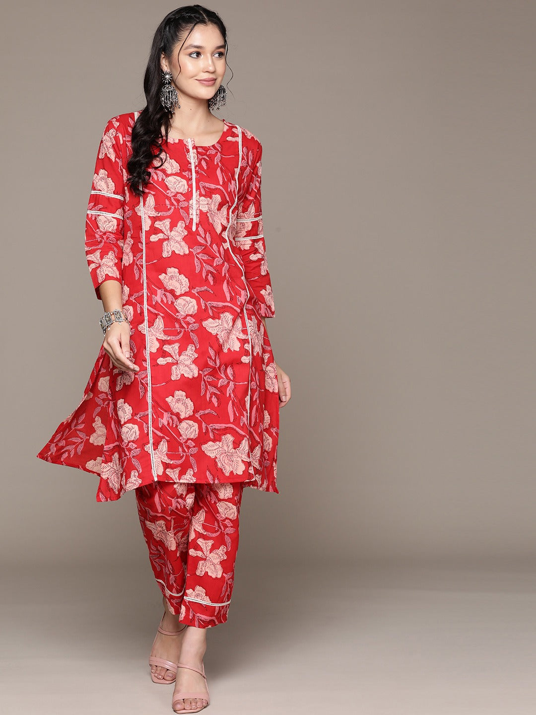 Straight Style Cotton Fabric Red Color Kurta With Bottom
