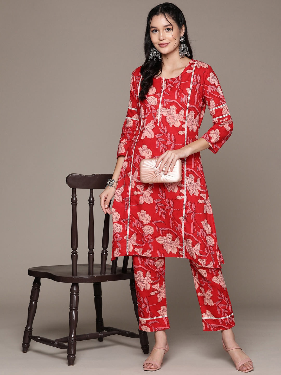 Straight Style Cotton Fabric Red Color Kurta With Bottom