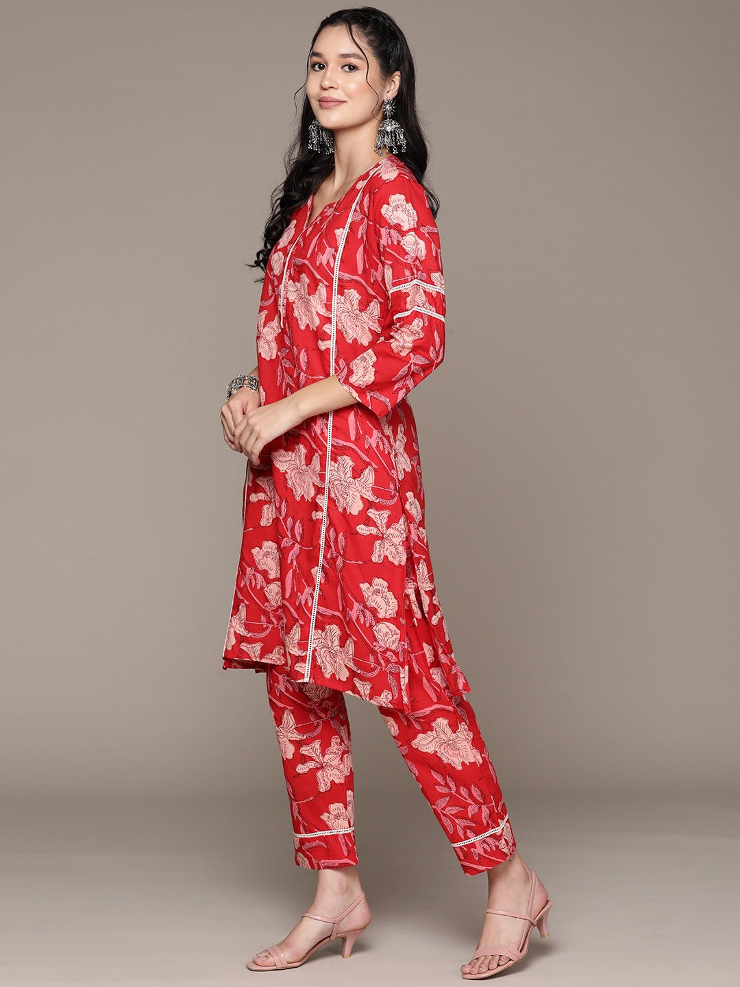 Straight Style Cotton Fabric Red Color Kurta With Bottom