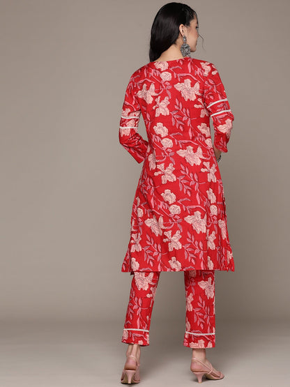 Straight Style Cotton Fabric Red Color Kurta With Bottom