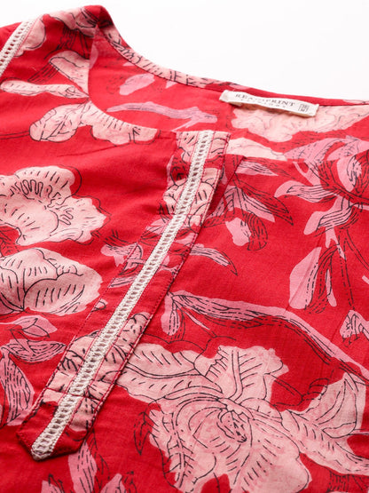 Straight Style Cotton Fabric Red Color Kurta With Bottom