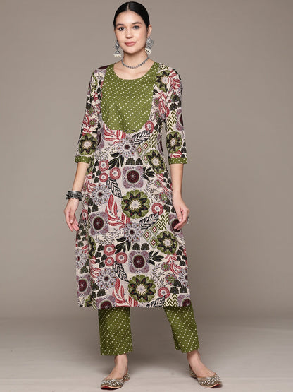 Straight Style Cotton Fabric Green Color Kurta With Bottom
