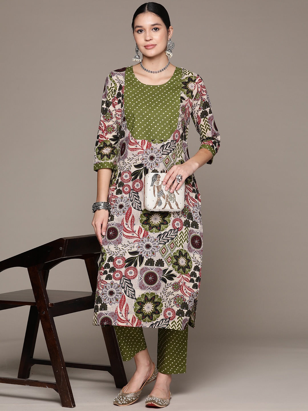 Straight Style Cotton Fabric Green Color Kurta With Bottom