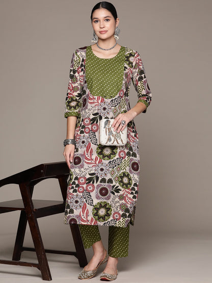 Straight Style Cotton Fabric Green Color Kurta With Bottom