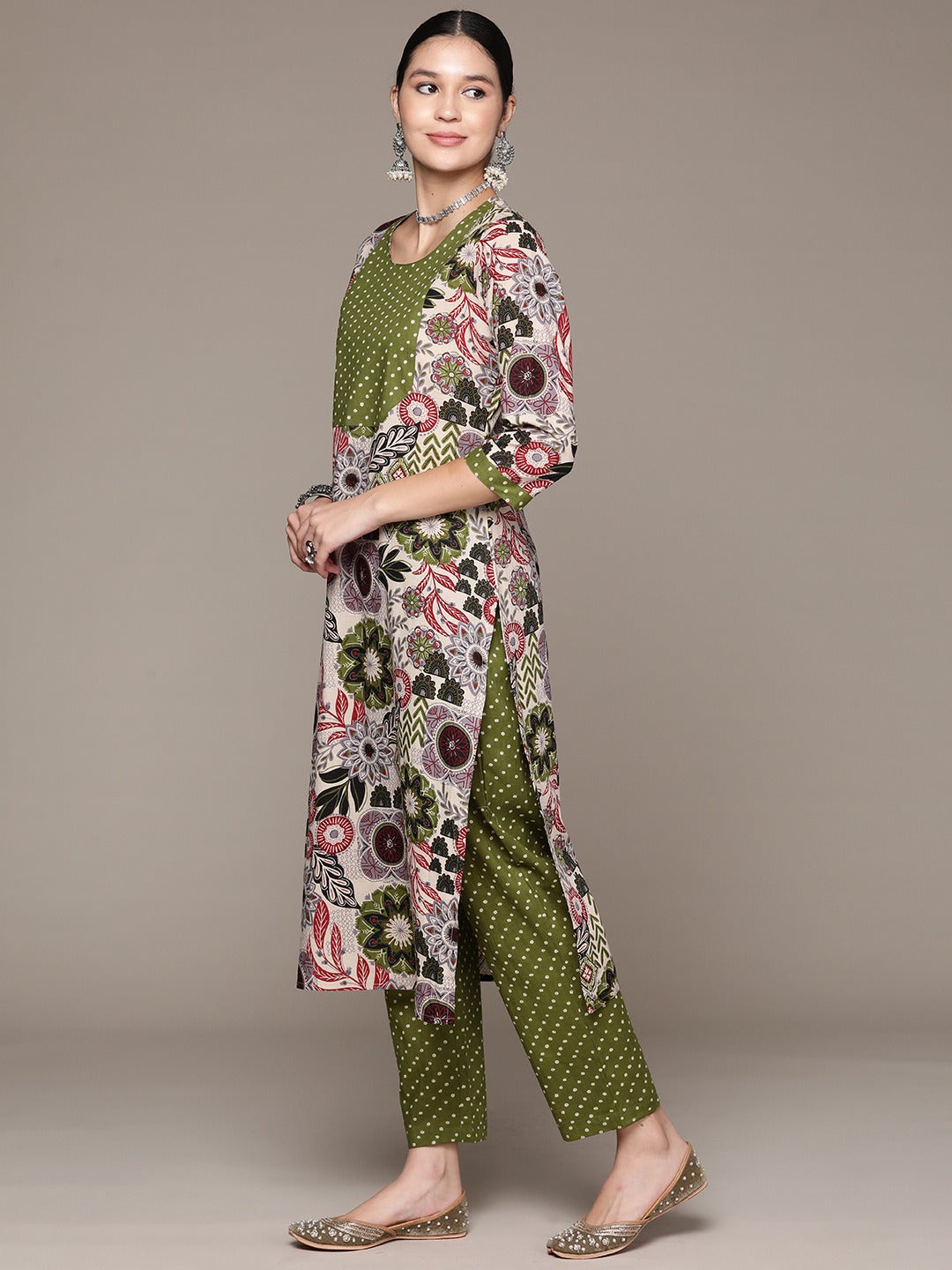 Straight Style Cotton Fabric Green Color Kurta With Bottom