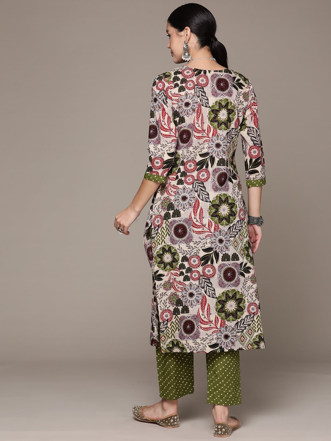 Straight Style Cotton Fabric Green Color Kurta With Bottom