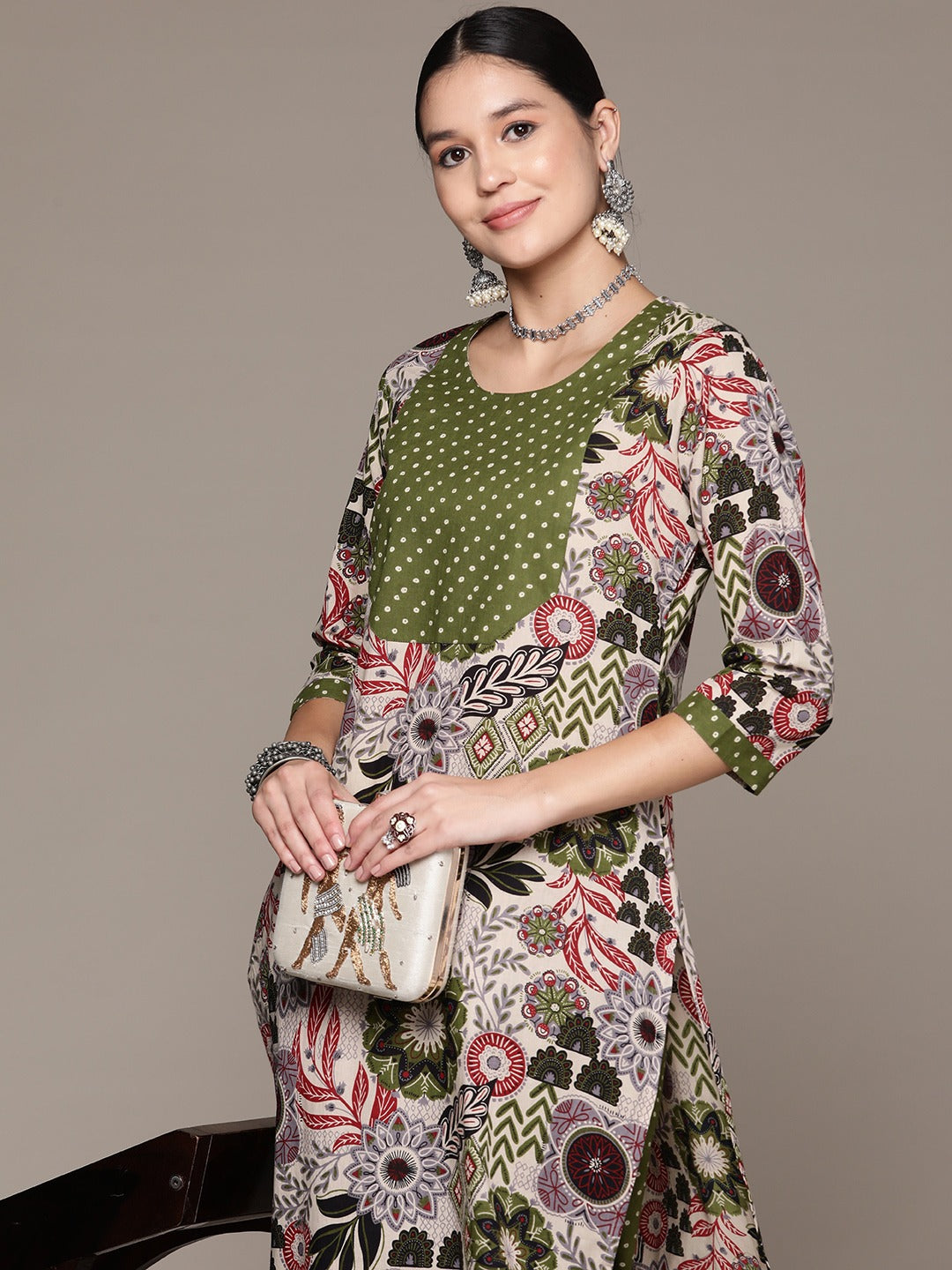 Straight Style Cotton Fabric Green Color Kurta With Bottom