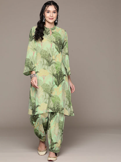 Straight Style Cotton Fabric Green Color Kurta With Bottom
