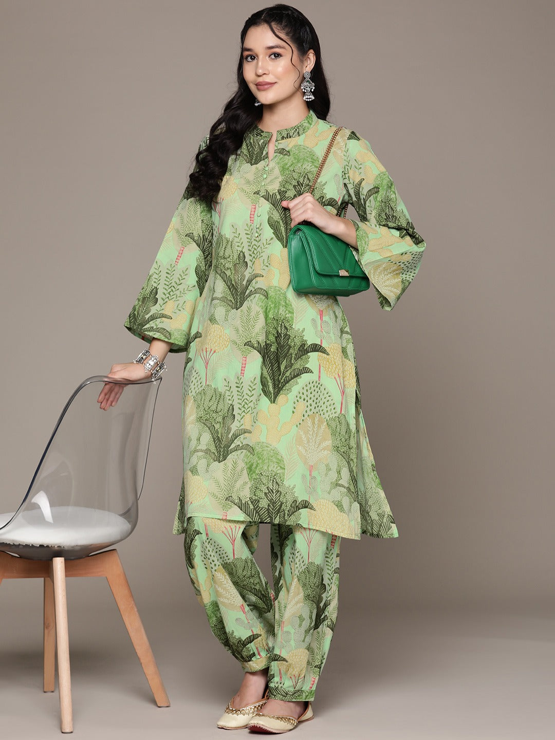 Straight Style Cotton Fabric Green Color Kurta With Bottom