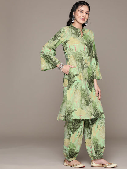 Straight Style Cotton Fabric Green Color Kurta With Bottom