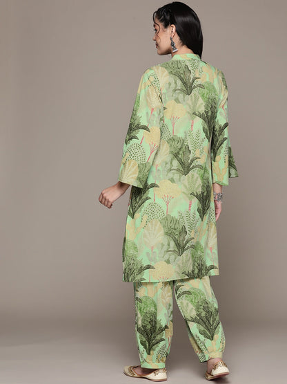 Straight Style Cotton Fabric Green Color Kurta With Bottom