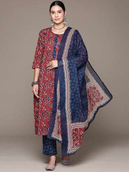 Straight Style Cotton Fabric Maroon Color Kurta With Bottom And Dupatta