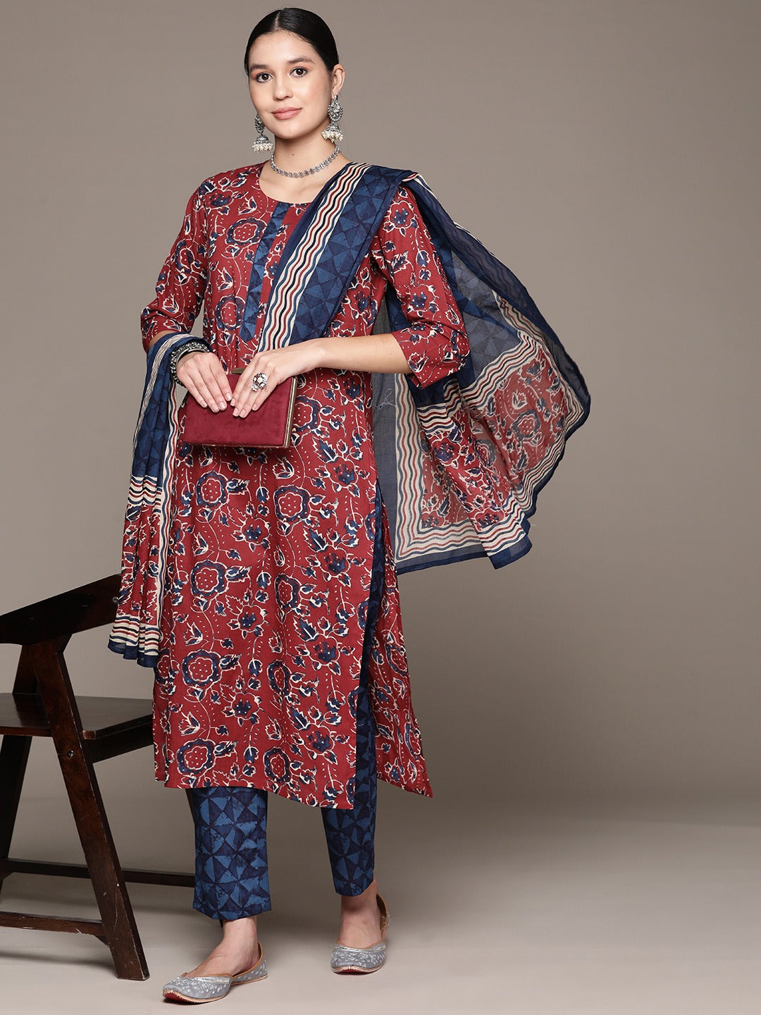 Straight Style Cotton Fabric Maroon Color Kurta With Bottom And Dupatta