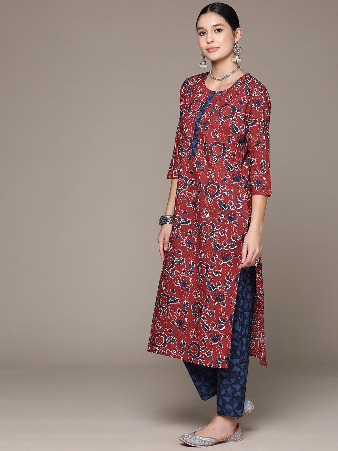 Straight Style Cotton Fabric Maroon Color Kurta With Bottom And Dupatta