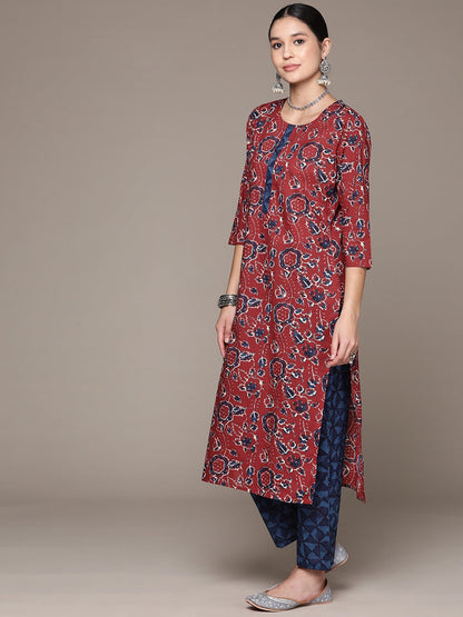 Straight Style Cotton Fabric Maroon Color Kurta With Bottom And Dupatta