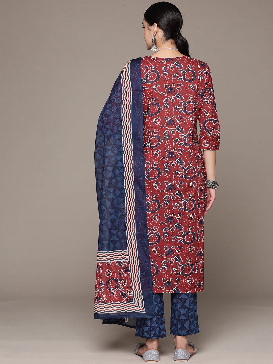 Straight Style Cotton Fabric Maroon Color Kurta With Bottom And Dupatta