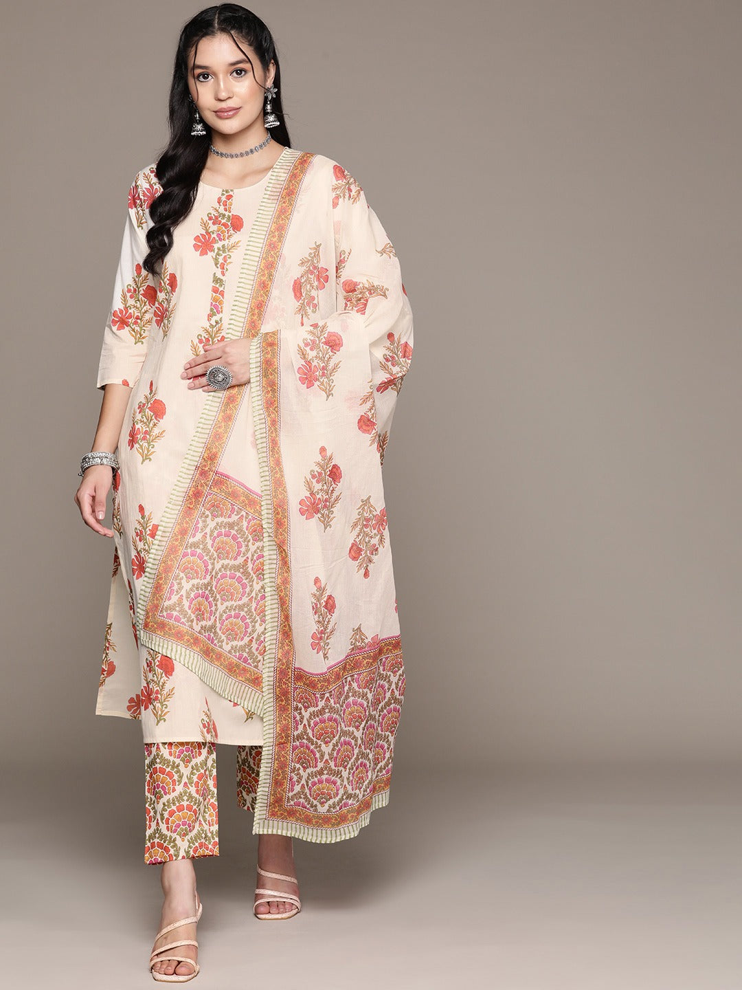Straight Style Cotton Fabric Multi Color Kurta With Bottom And Dupatta