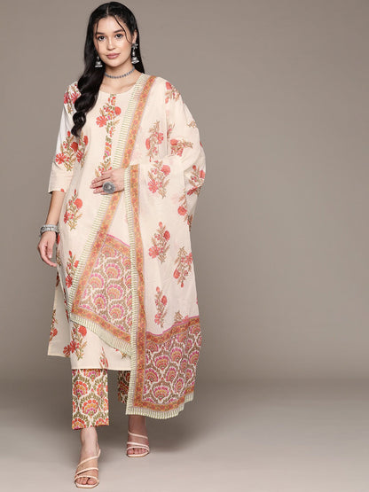 Straight Style Cotton Fabric Multi Color Kurta With Bottom And Dupatta
