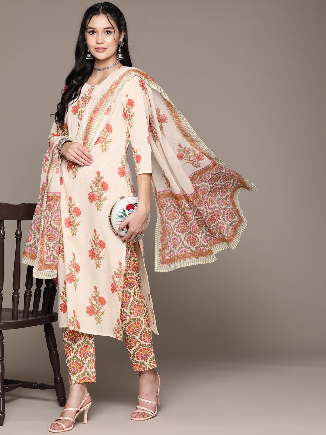 Straight Style Cotton Fabric Multi Color Kurta With Bottom And Dupatta