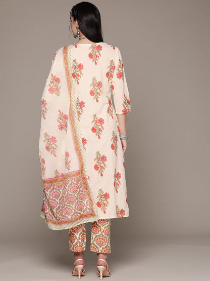 Straight Style Cotton Fabric Multi Color Kurta With Bottom And Dupatta