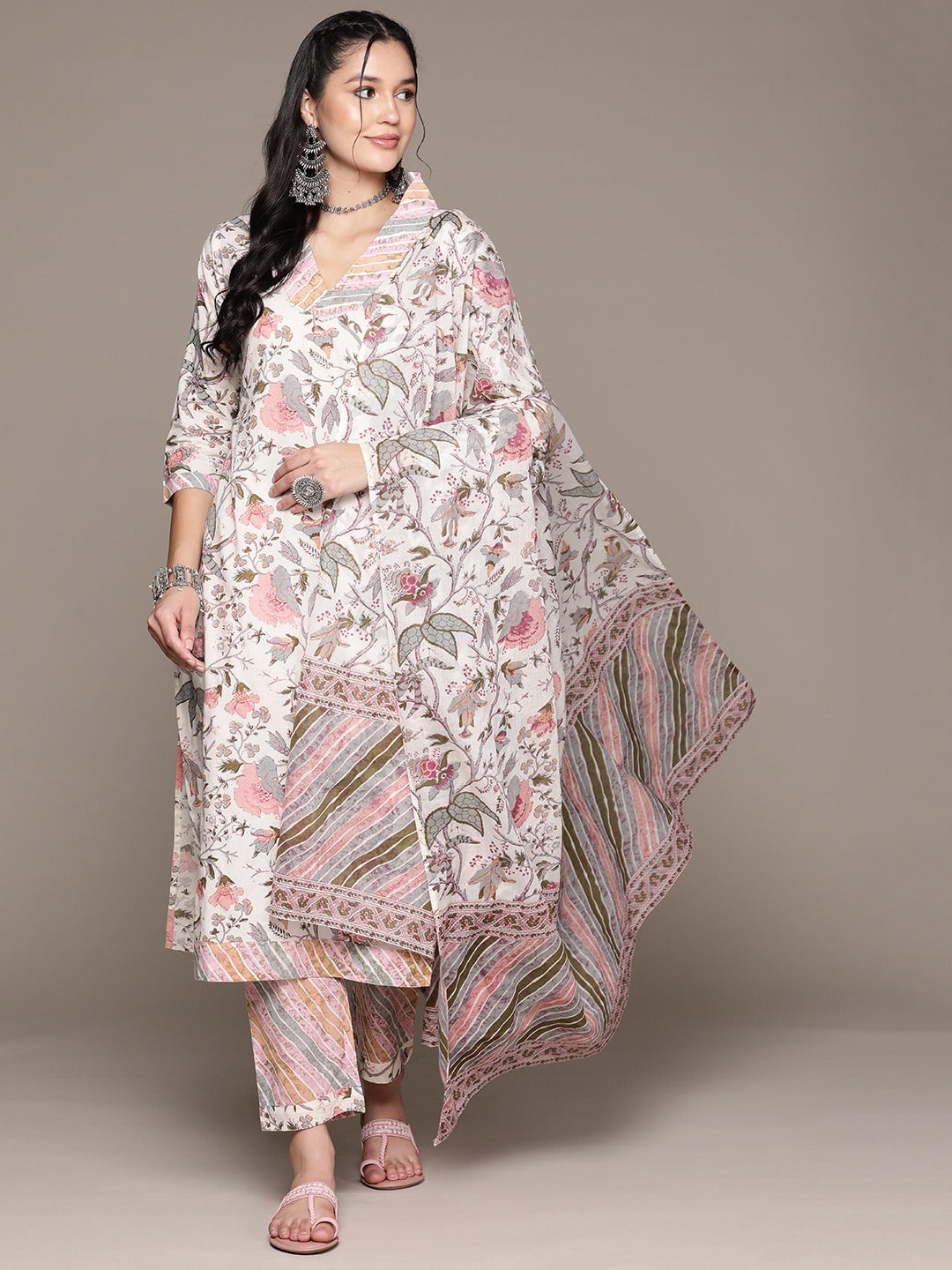 Straight Style Cotton Fabric Cream Color Kurta With Bottom And Dupatta