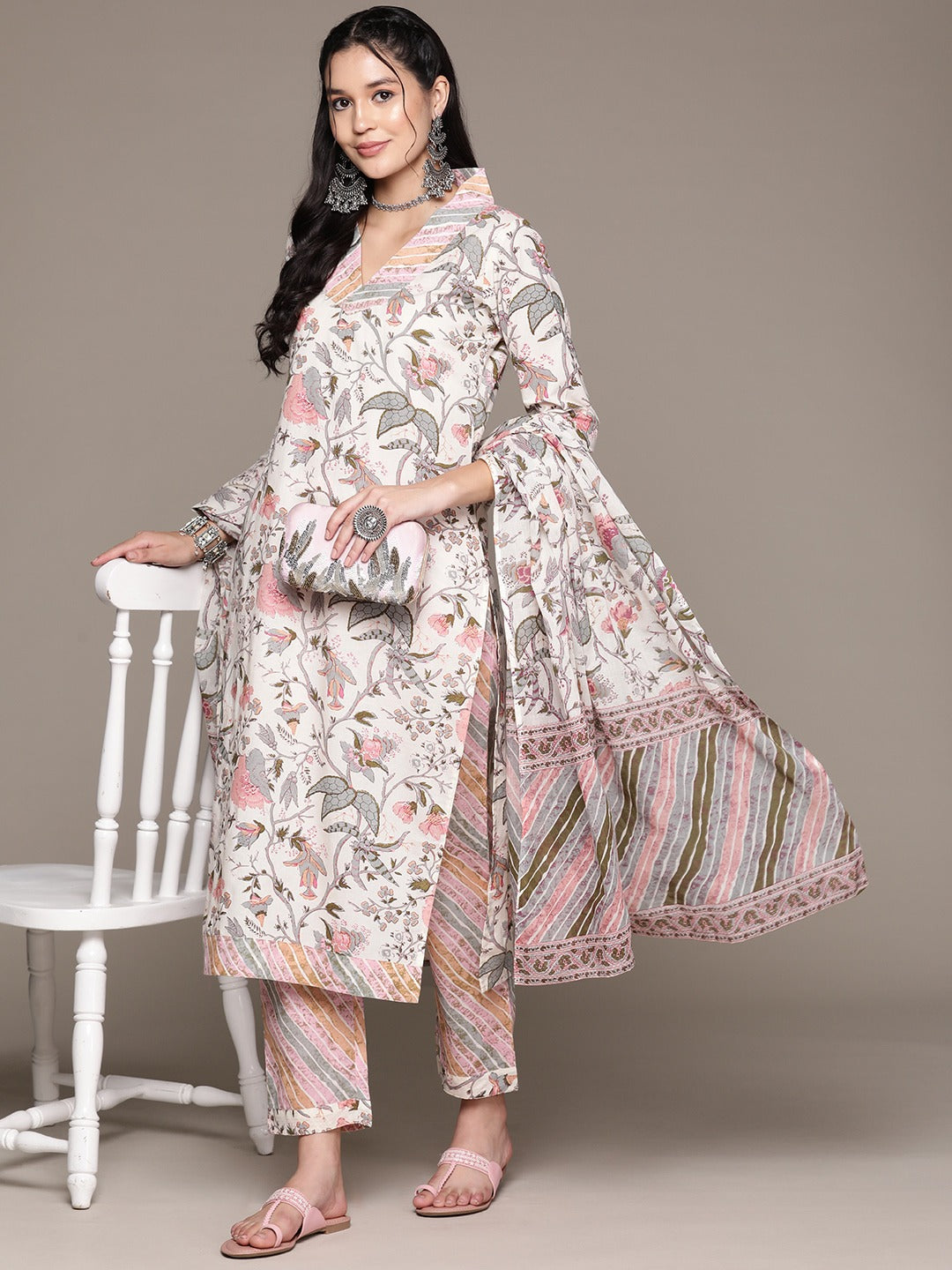 Straight Style Cotton Fabric Cream Color Kurta With Bottom And Dupatta