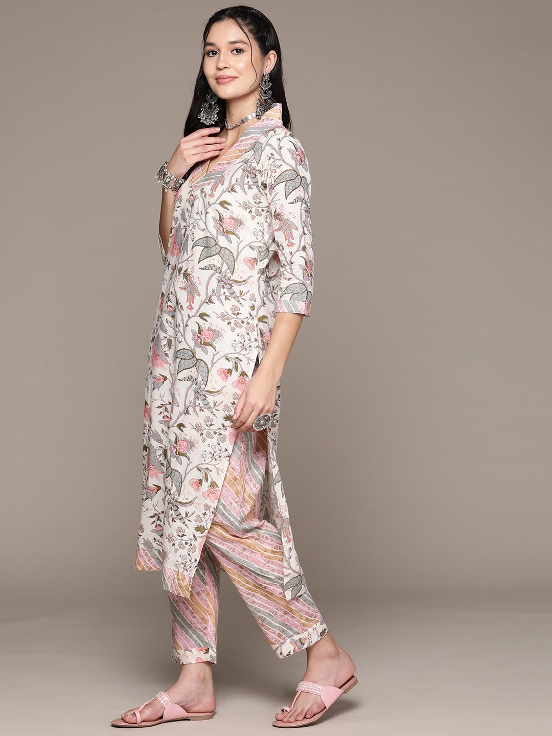 Straight Style Cotton Fabric Cream Color Kurta With Bottom And Dupatta