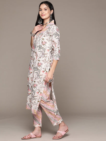 Straight Style Cotton Fabric Cream Color Kurta With Bottom And Dupatta