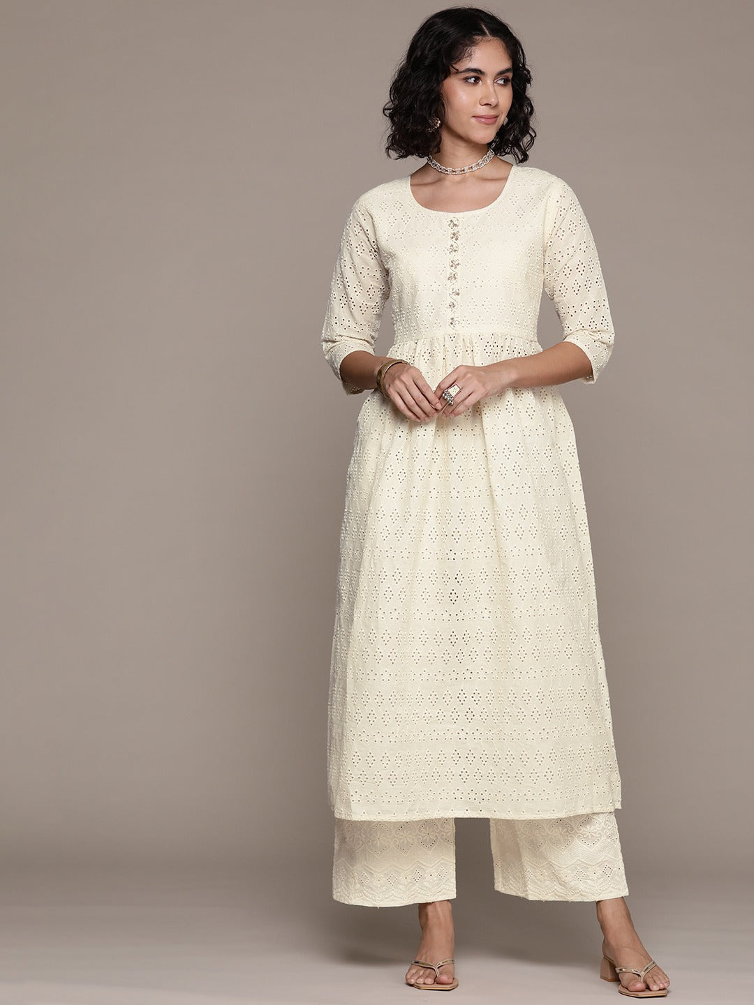 Frock style cotton fabric Off white color kurta with Bottom