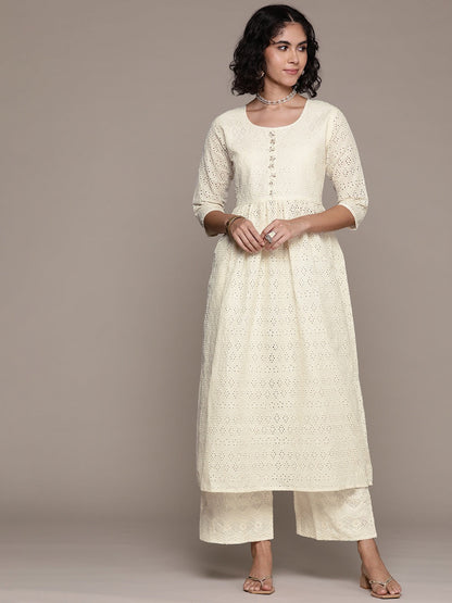 Frock style cotton fabric Off white color kurta with Bottom