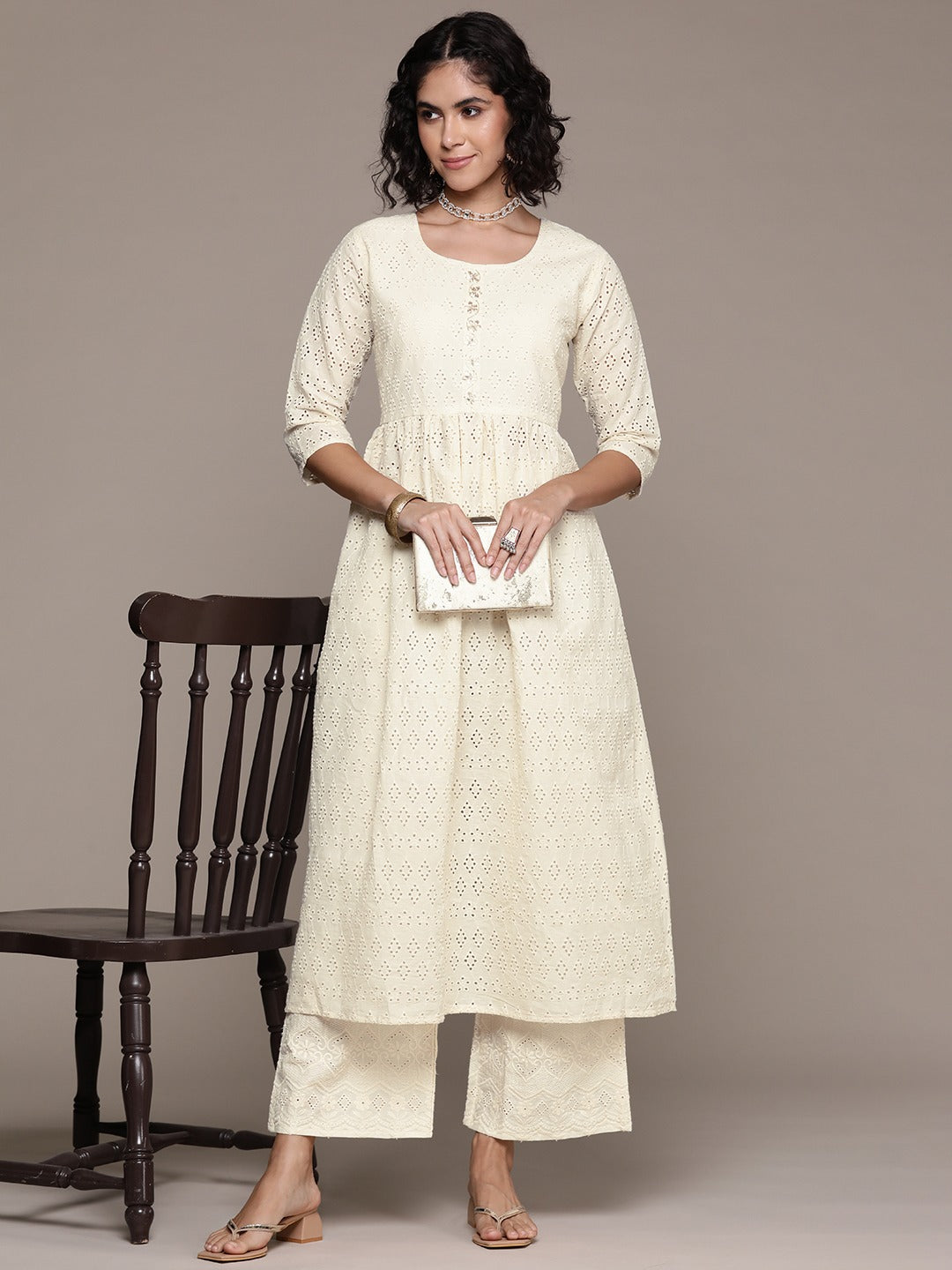 Frock style cotton fabric Off white color kurta with Bottom