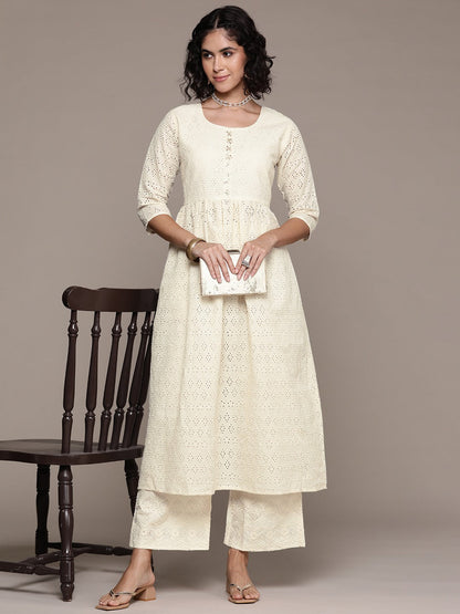 Frock style cotton fabric Off white color kurta with Bottom