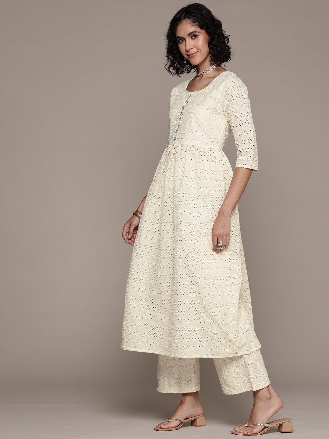 Frock style cotton fabric Off white color kurta with Bottom