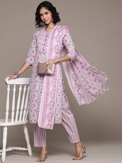 Straight style cotton fabric Pink color kurta with Bottom and dupatta