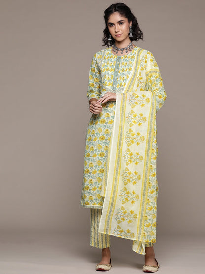 Straight style cotton fabric Yellow color kurta with Bottom and dupatta