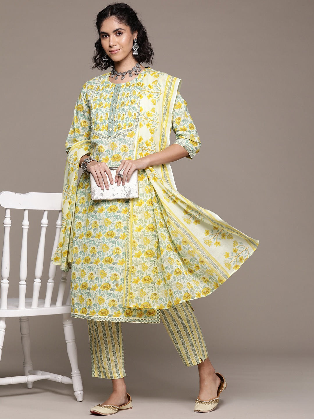 Straight style cotton fabric Yellow color kurta with Bottom and dupatta