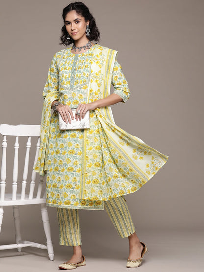 Straight style cotton fabric Yellow color kurta with Bottom and dupatta