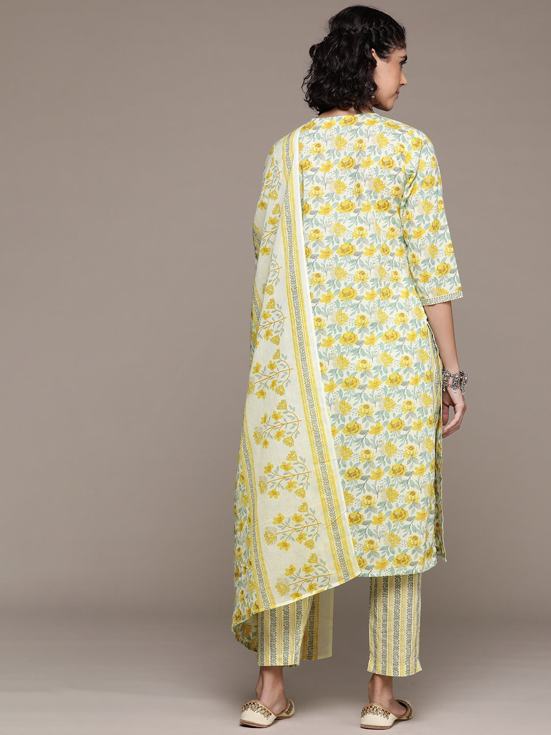 Straight style cotton fabric Yellow color kurta with Bottom and dupatta