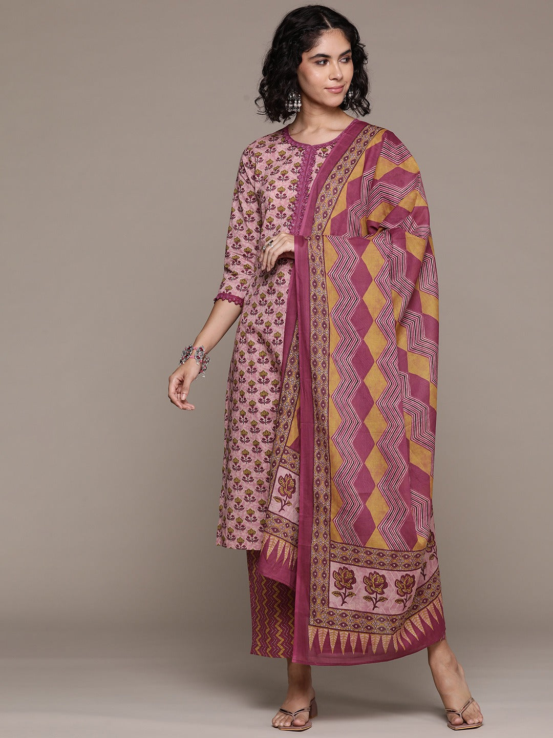 Straight style cotton fabric Mauve color kurta with Bottom and dupatta