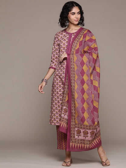 Straight style cotton fabric Mauve color kurta with Bottom and dupatta